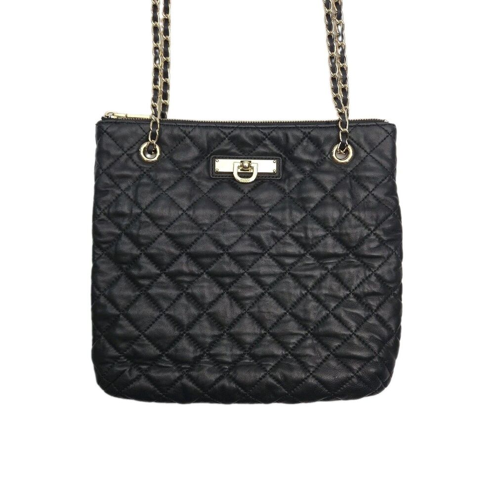 DKNY Purse Donna Karan Black Quilted Soft Leather Shoulder Bag Gold Chain Straps